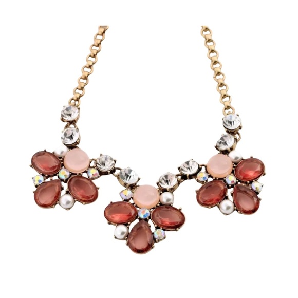 Floral Statement Necklace – 18"+2" Gold Tone with Pink, Red & Crystal Accents - Picture 4 of 5